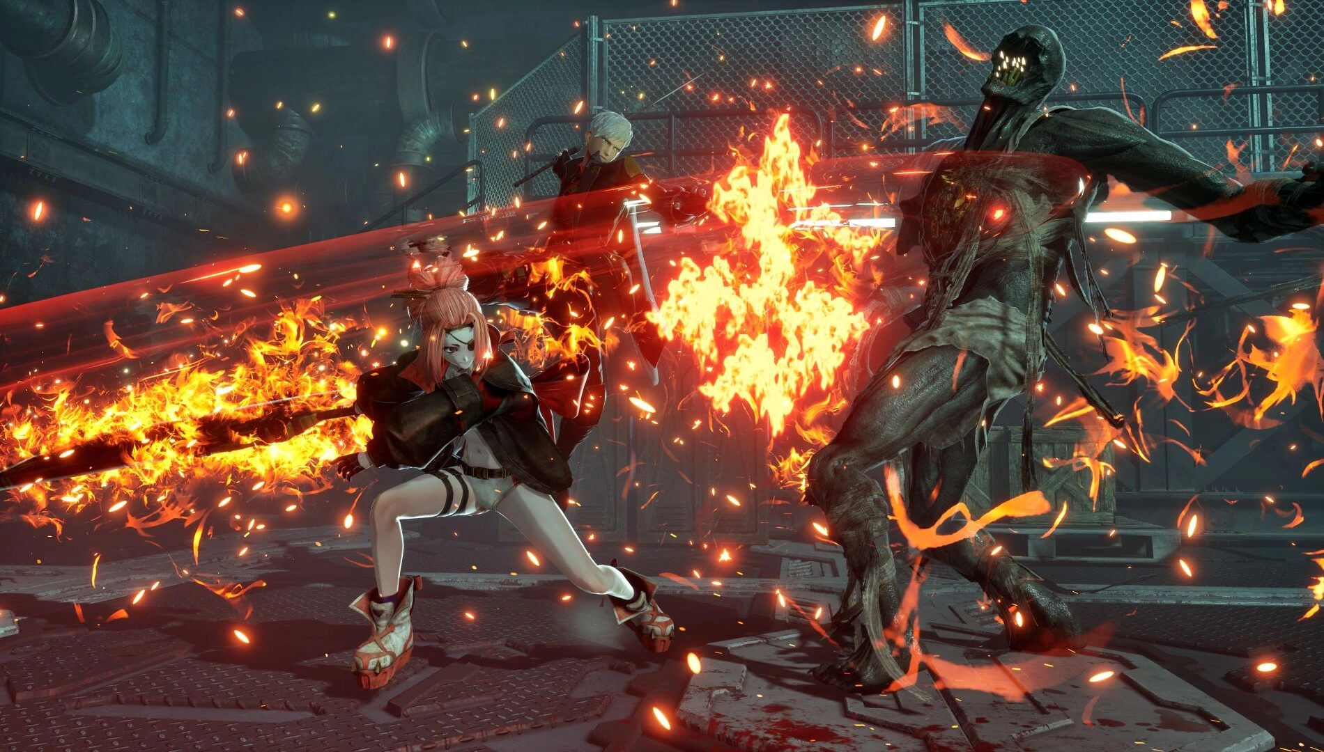 A fierce battle scene with a character wielding a flaming sword against a monstrous enemy in Code Vein II