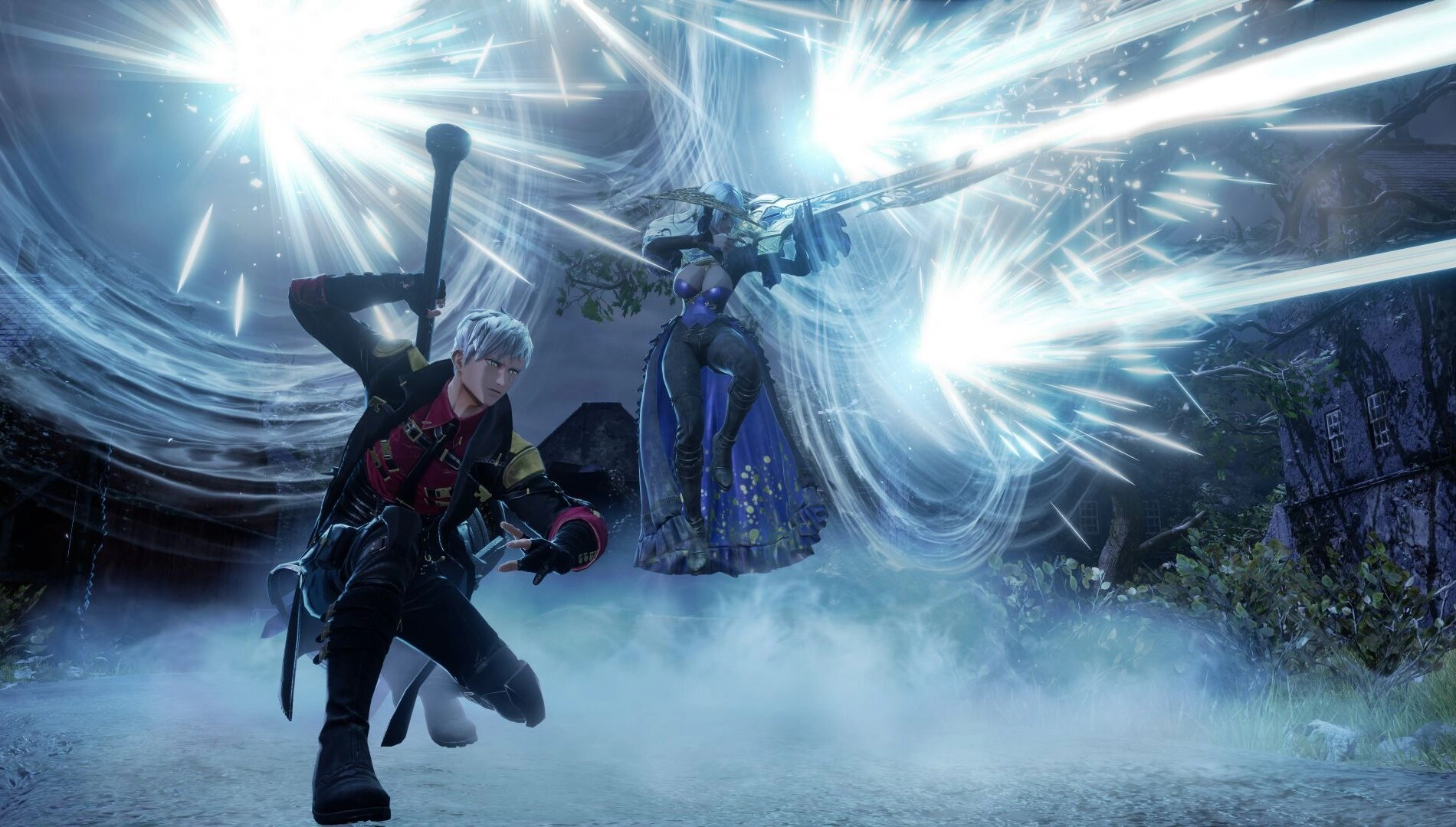 Two characters in dynamic combat, one wielding a sword, the other casting a powerful magic attack