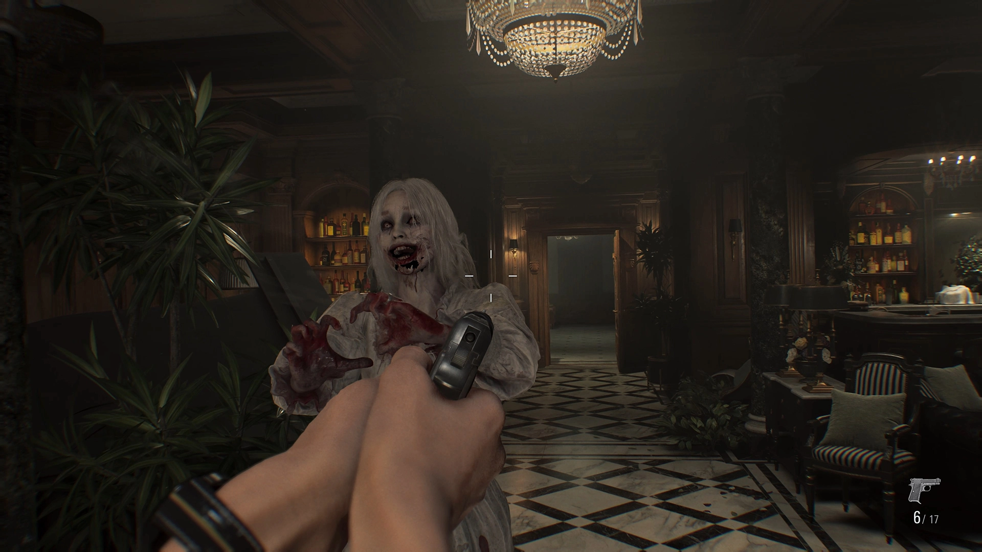A player aims a handgun at a zombie in a dimly lit, ornate mansion setting in Resident Evil Requiem