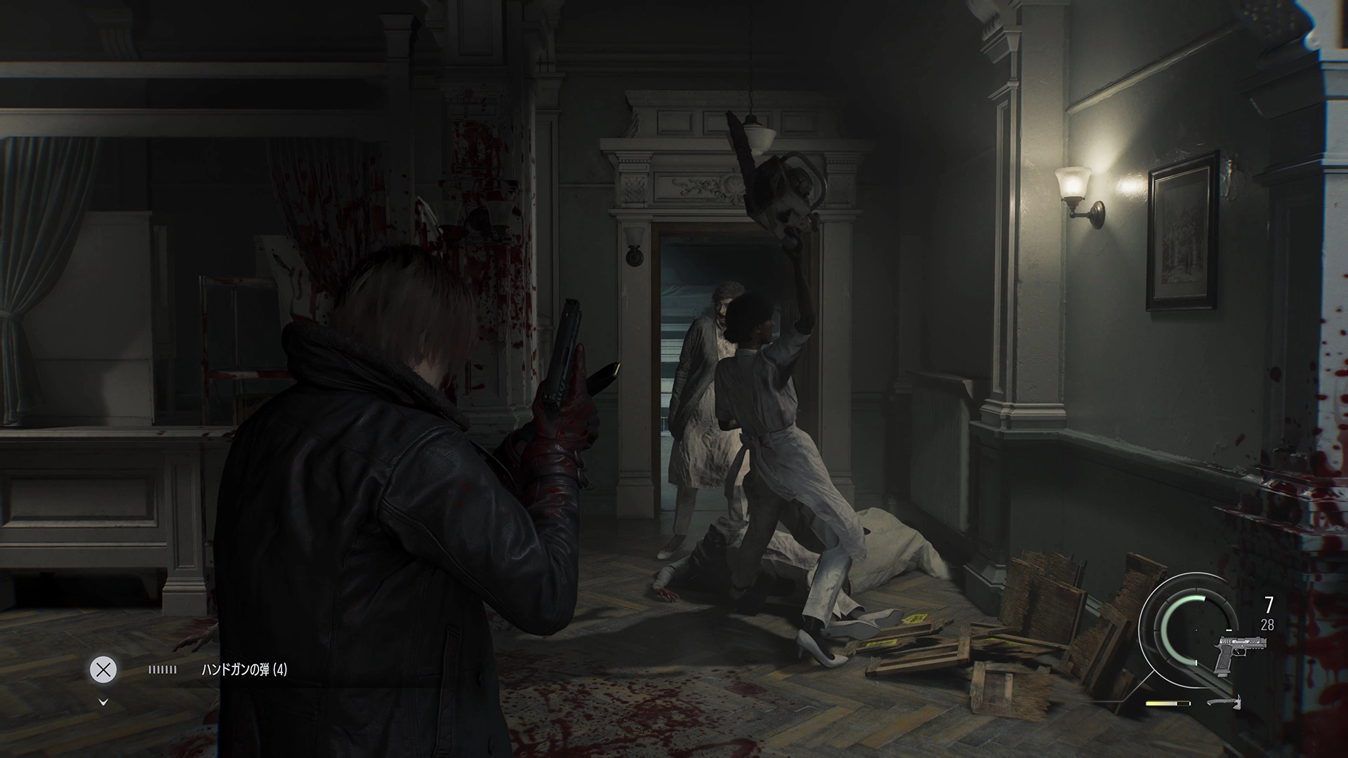 Leon Kennedy aiming a gun at zombies in a dimly lit hallway, showcasing Resident Evil Requiem gameplay
