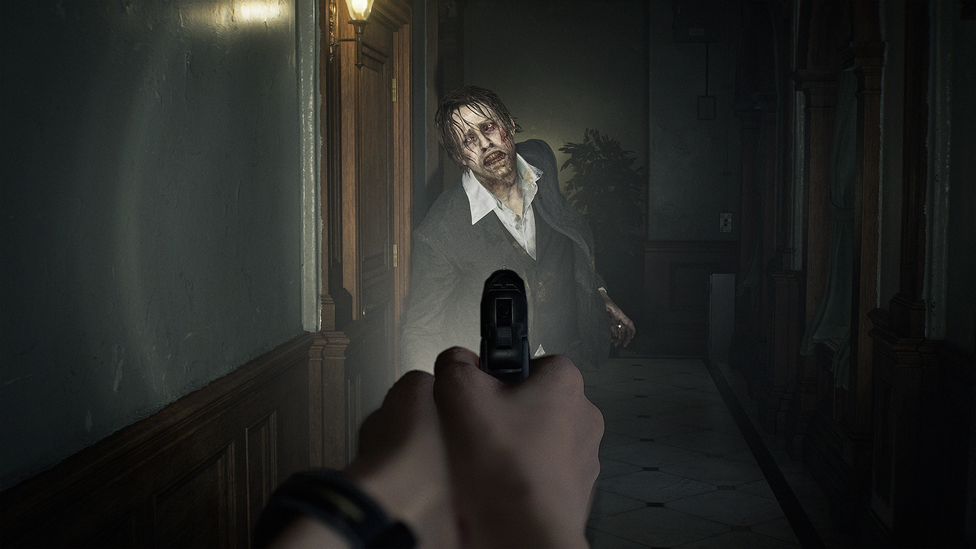 Player aiming a gun at a zombie in a dimly lit hallway, capturing the tense atmosphere of Resident Evil Requiem