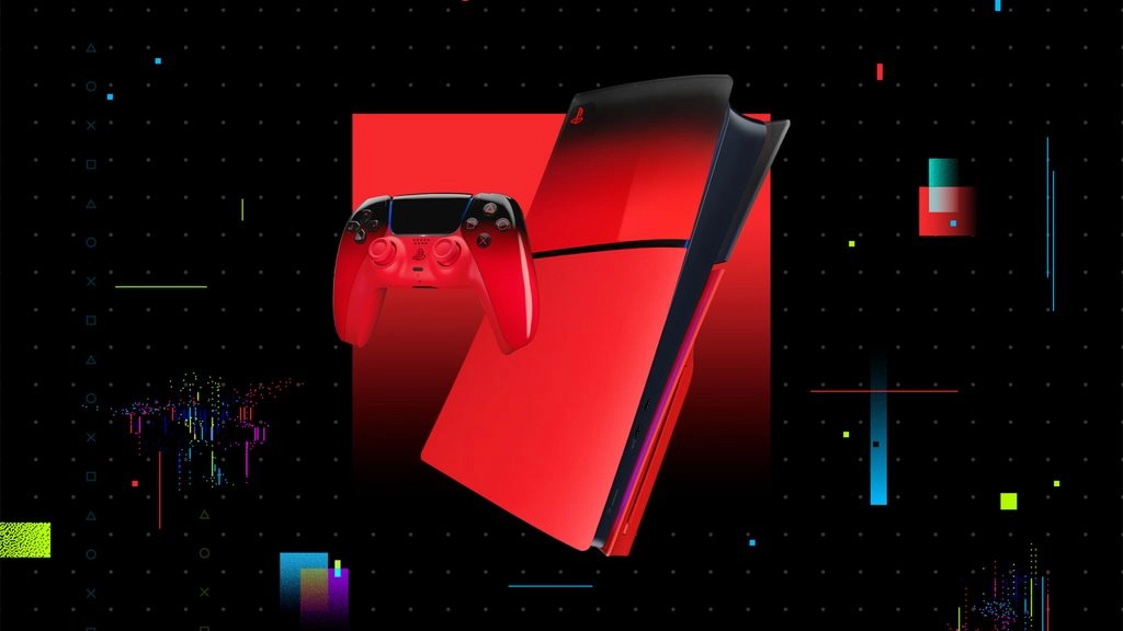 Hyperpop Collection: DualSense controllers and PS5 covers in vibrant Techno Red, enhancing your gaming aesthetics.