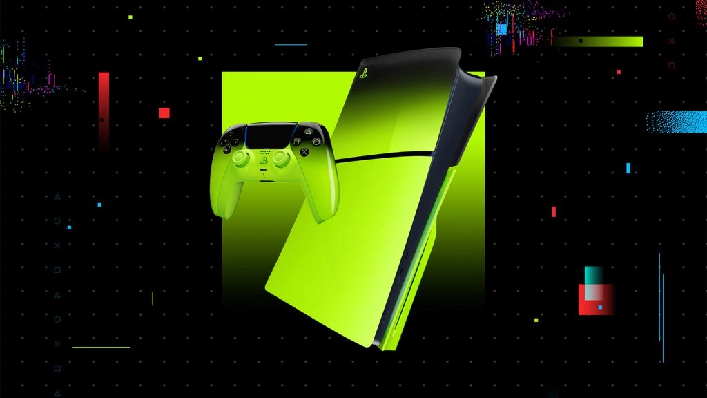 Vibrant Hyperpop Collection featuring DualSense controller and PS5 console cover in glossy green gradient design.
