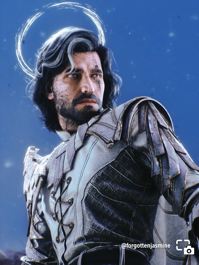 Verso with a glowing halo, wearing detailed armor, gazes into the distance against a blue sky backdrop