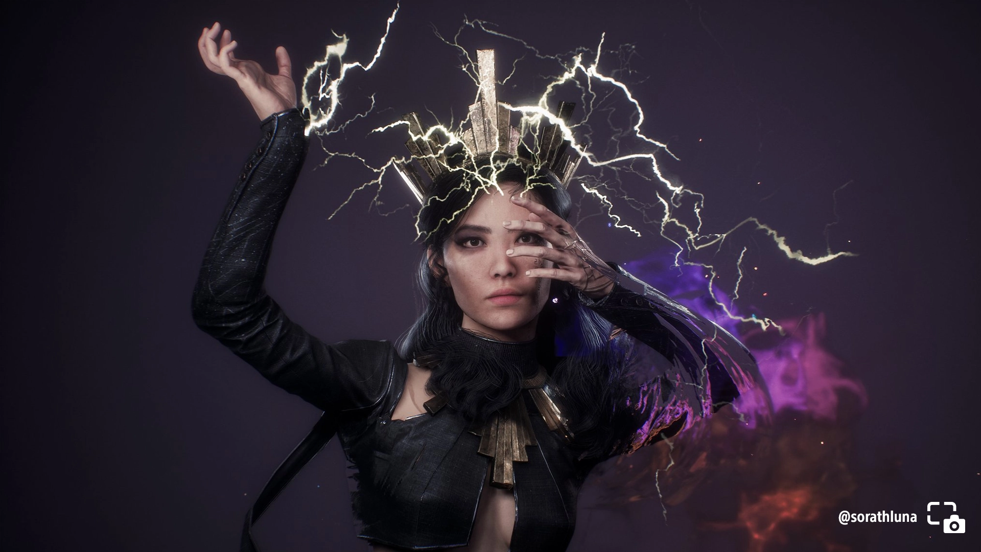 Lune in a dramatic pose, wearing a crown, conjures a lightning attack with vivid energy and focus