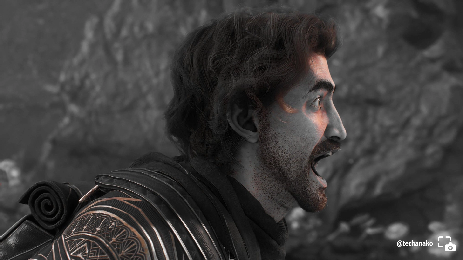 Gustave shouting intensely, wearing detailed armor, with a rocky background in black and white