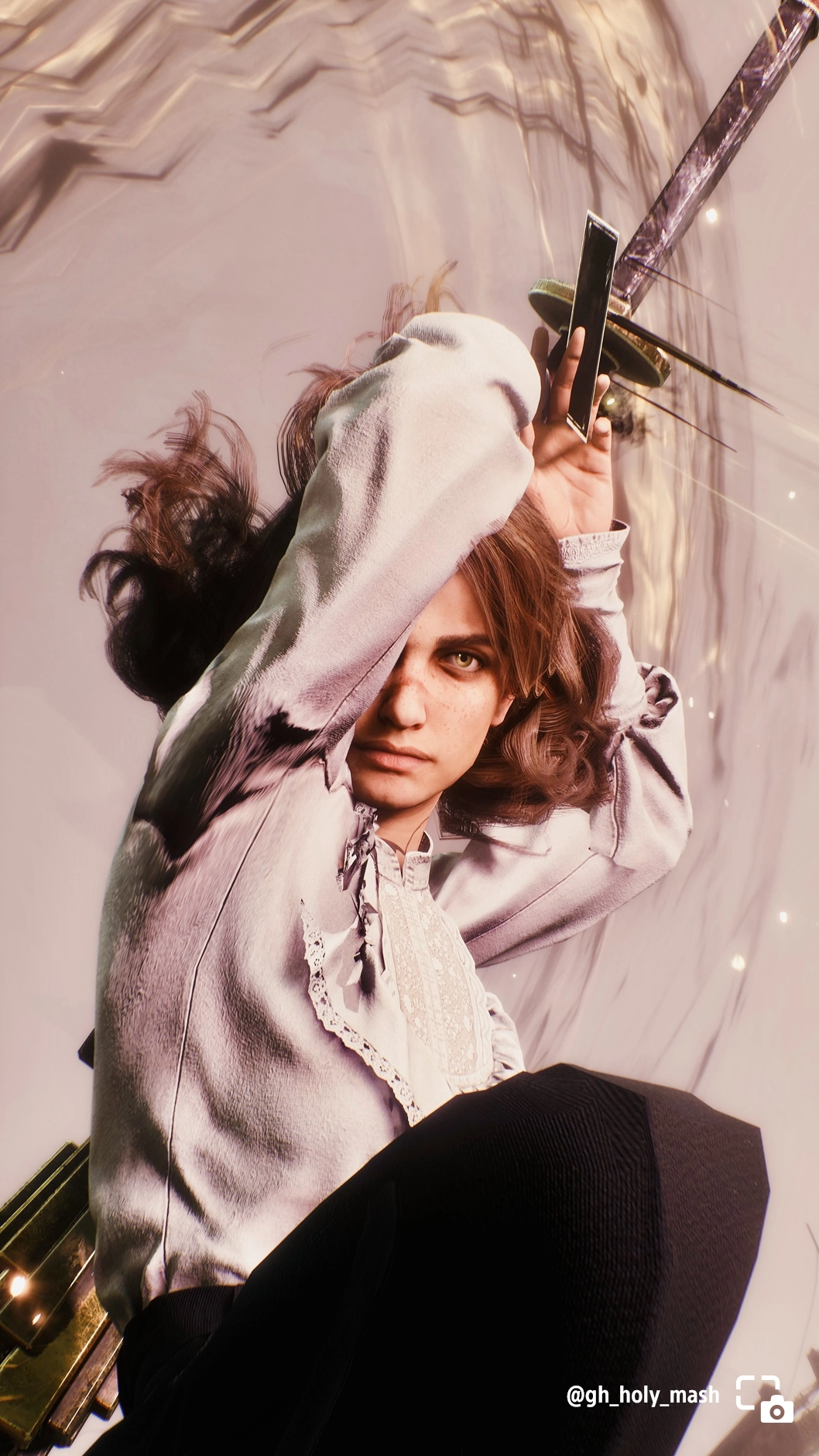 Sciel poised mid-attack with intense focus, sword raised, in a dynamic action pose from Clair Obscur: Expedition 33