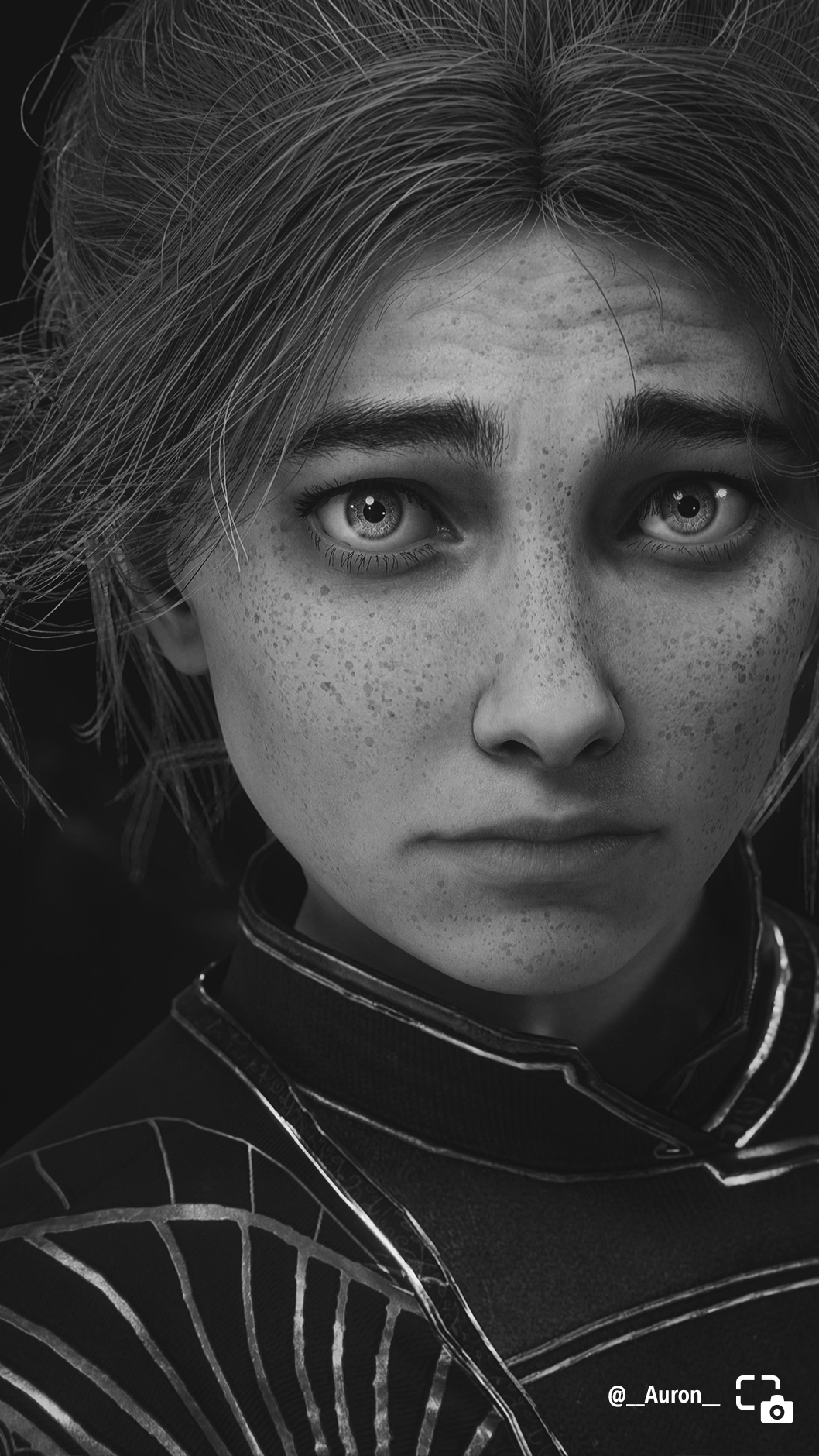 A black and white close-up of a character's expressive face, showing detailed freckles and intense eyes