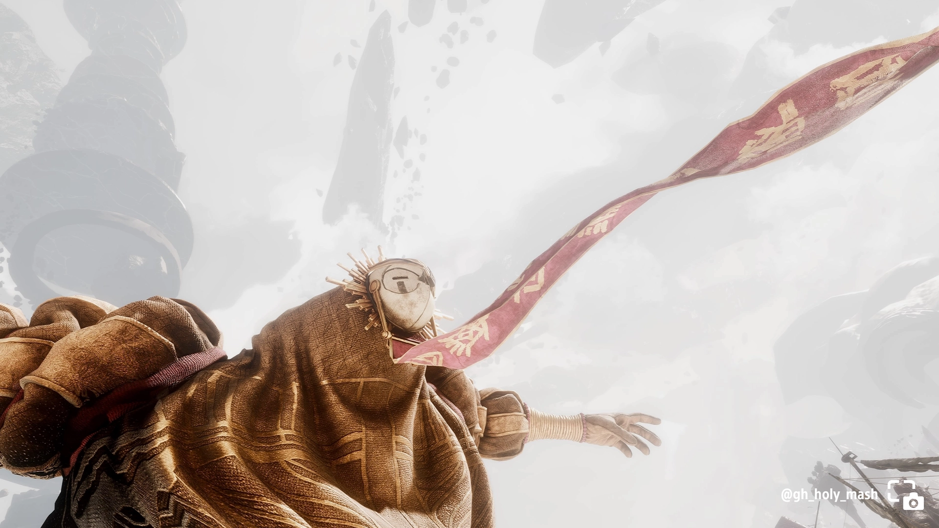 Esquie floating gracefully through a misty landscape, adorned with a flowing red scarf in Clair Obscur