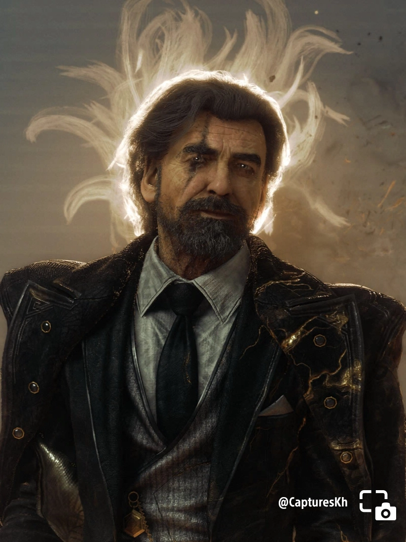 Renoir stands illuminated by the Paintress’ glow, wearing a detailed suit with a thoughtful expression