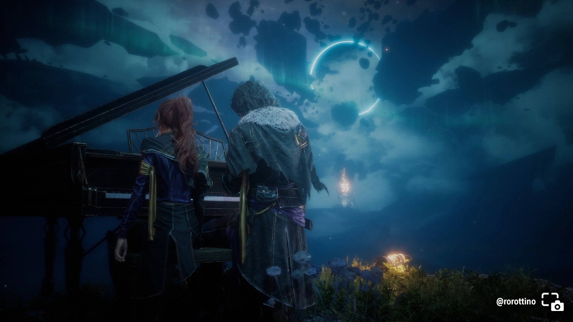 Verso and Maelle play piano under a mystical sky, with the Paintress glowing in the distance