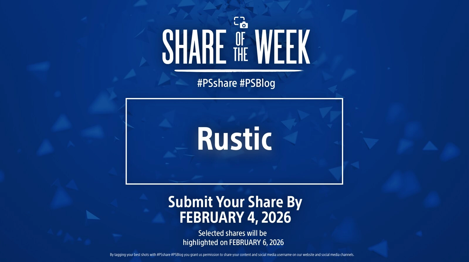 Share of the Week announcement with theme "Rustic" and submission deadline of February 4, 2026