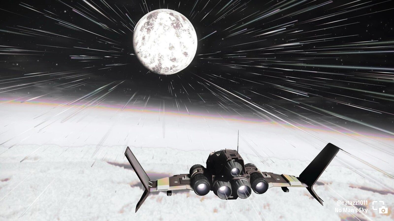 Spaceship zooming towards a bright planet in No Man's Sky, leaving a trail of light streaks behind