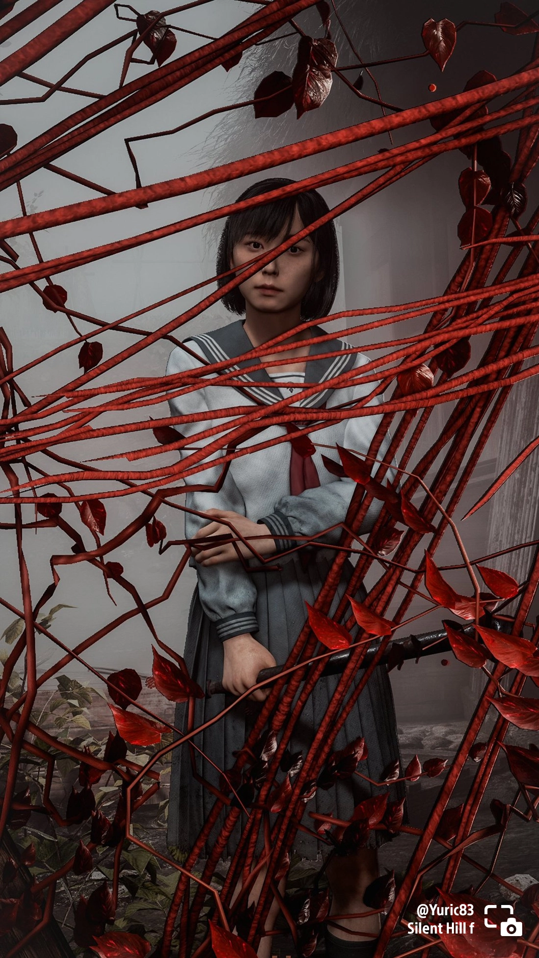 Hinako peers through red vines in a haunting scene from Silent Hill f, showcasing intense gaming moments in 2025. #PSshare