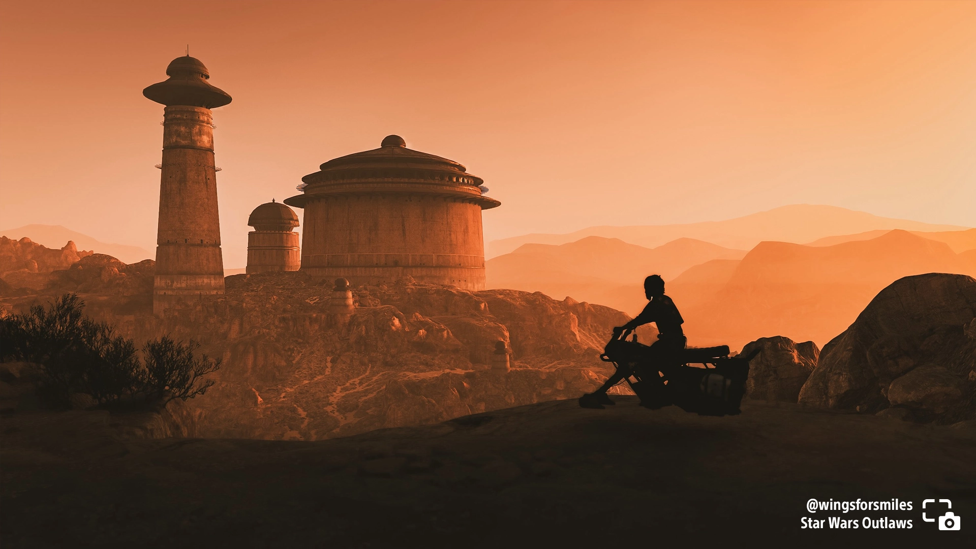 A gamer silhouetted against a desert landscape in Star Wars Outlaws, capturing the essence of exploration in gaming.