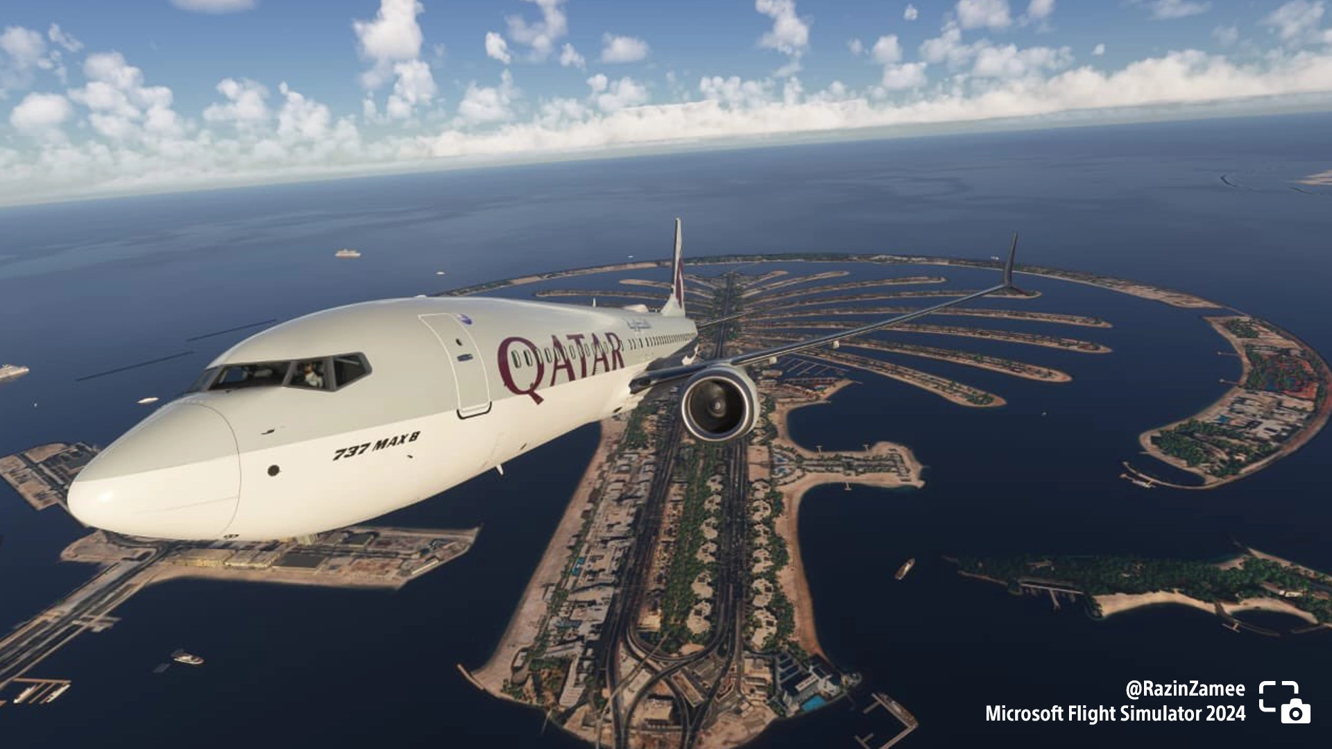 A Qatar airplane flying over an island in Microsoft Flight Simulator 2024, showcasing stunning aerial scenery. #PSshare #P...