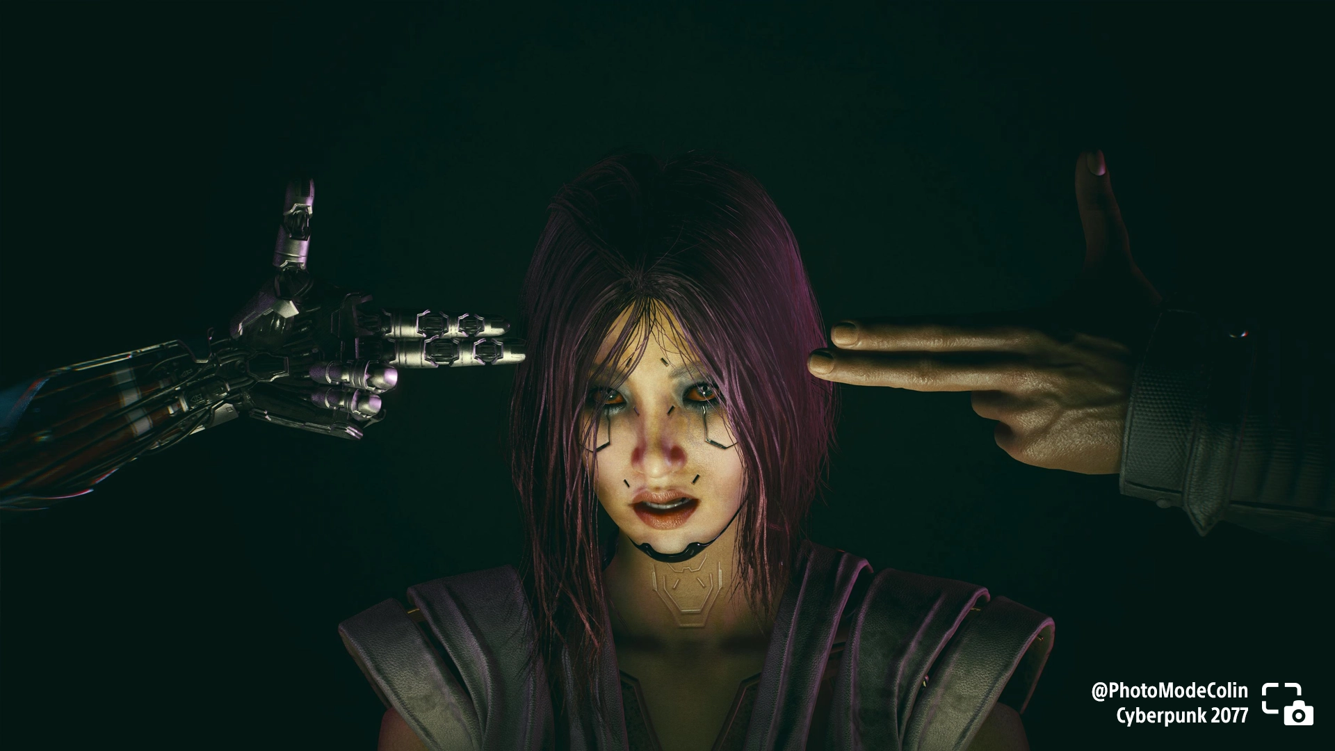 Cyberpunk 2077 fan art: a dramatic portrait of a character in a tense moment, showcasing the game