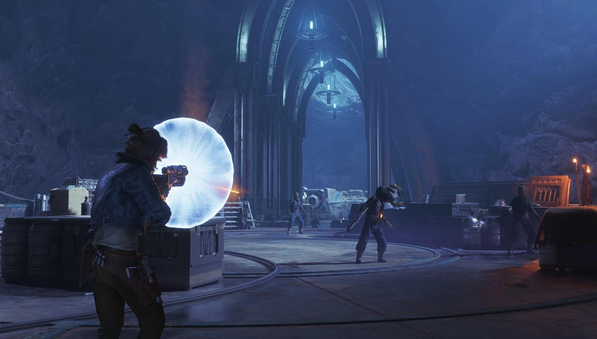 Characters in a dimly lit, futuristic setting engage in combat, highlighting Star Wars Outlaws' stealth update