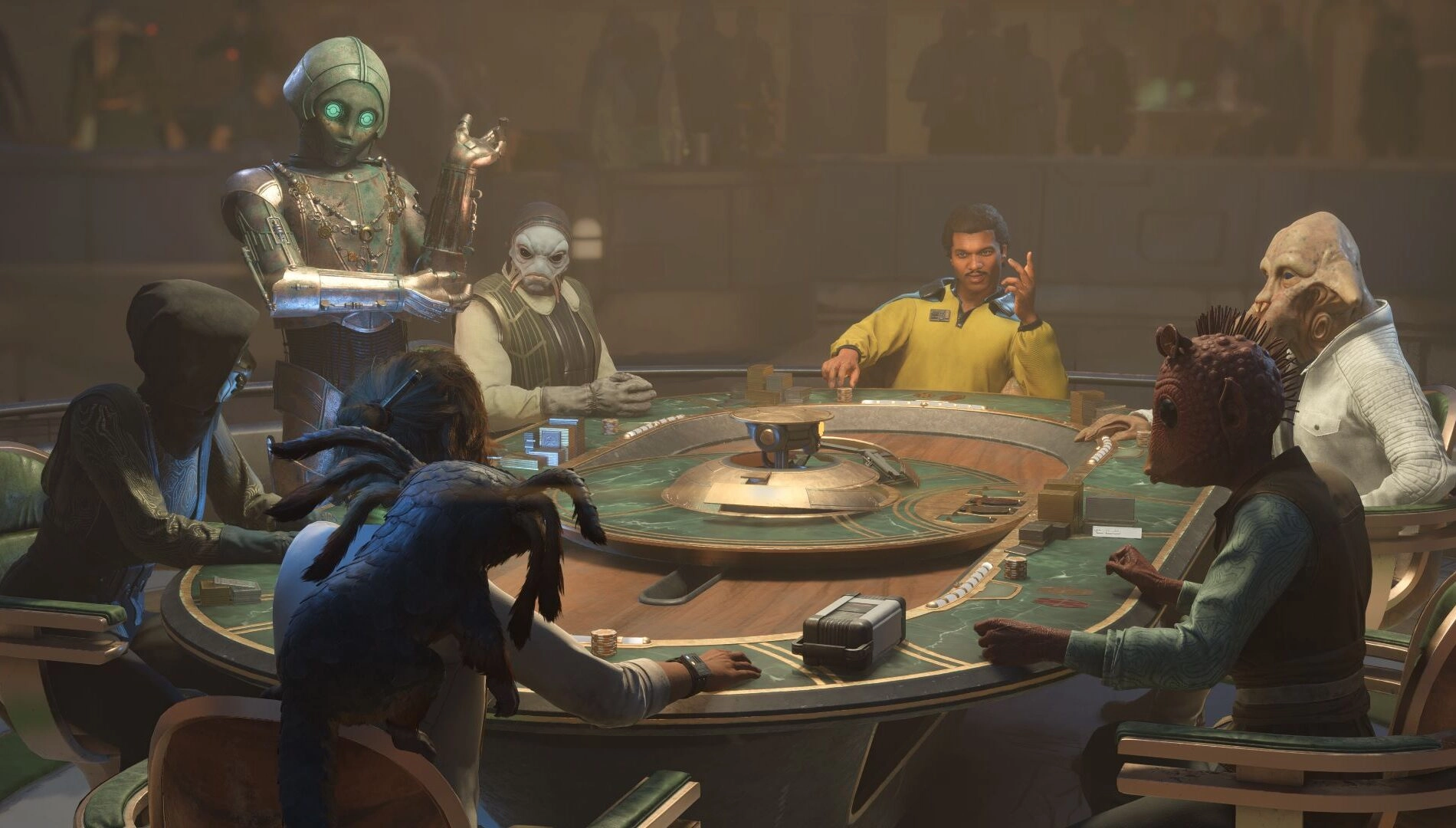 A diverse group of alien characters playing cards in a dimly lit cantina, reflecting Star Wars' underworld