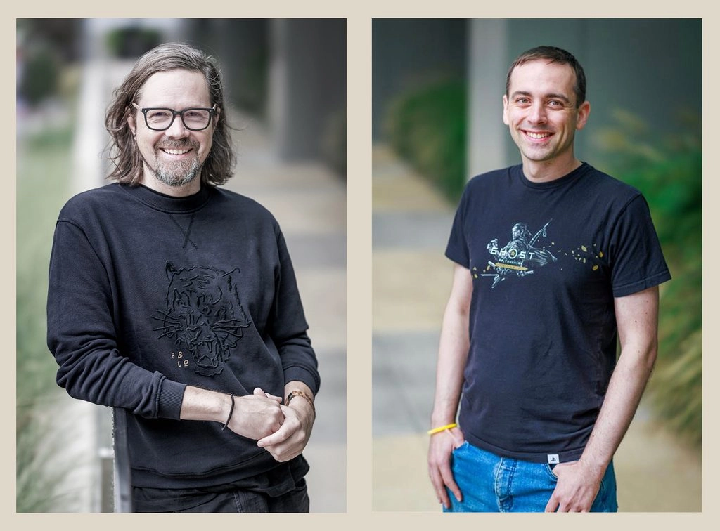 Two smiling men in casual clothing, standing outdoors, representing Sucker Punch studio leadership transition