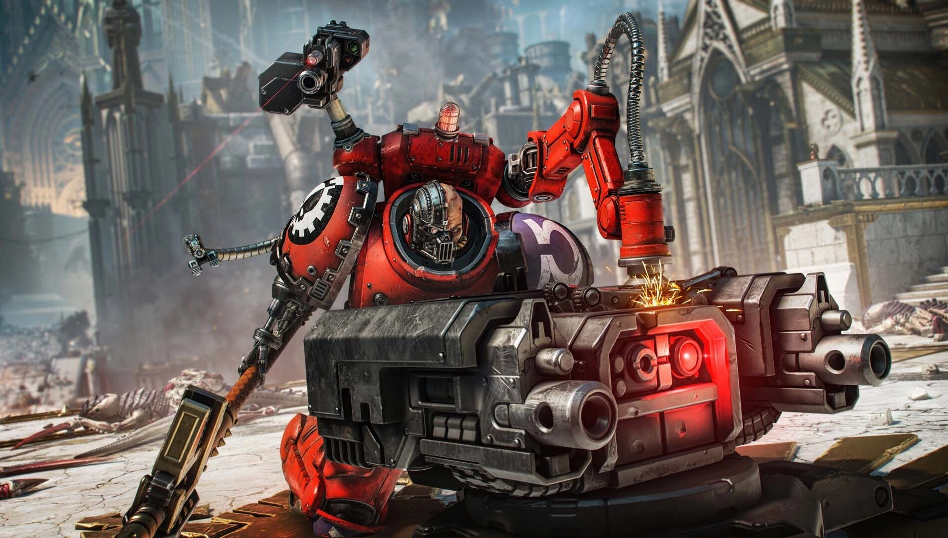 Techmarine in red armor with mechanical arms and turret in a war-torn cityscape, ready for battle