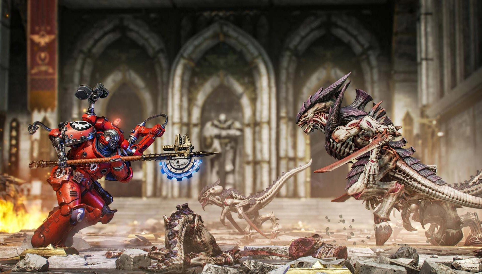 A Techmarine wielding an Omnissian Axe faces off against alien creatures in a cathedral-like setting