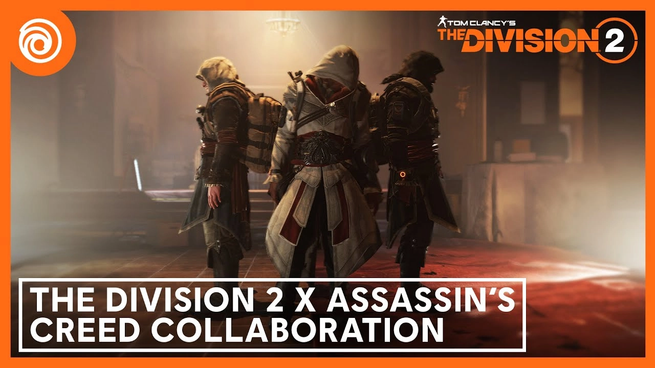Three characters in Assassin’s Creed outfits stand in a dimly lit room, promoting The Division 2 event
