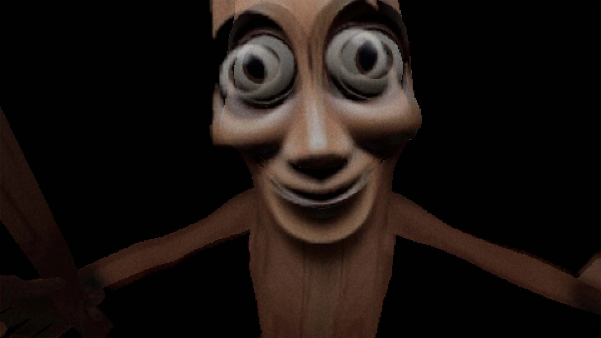Distorted wooden figure with exaggerated eyes and smile, evoking a sense of eerie familiarity and fear