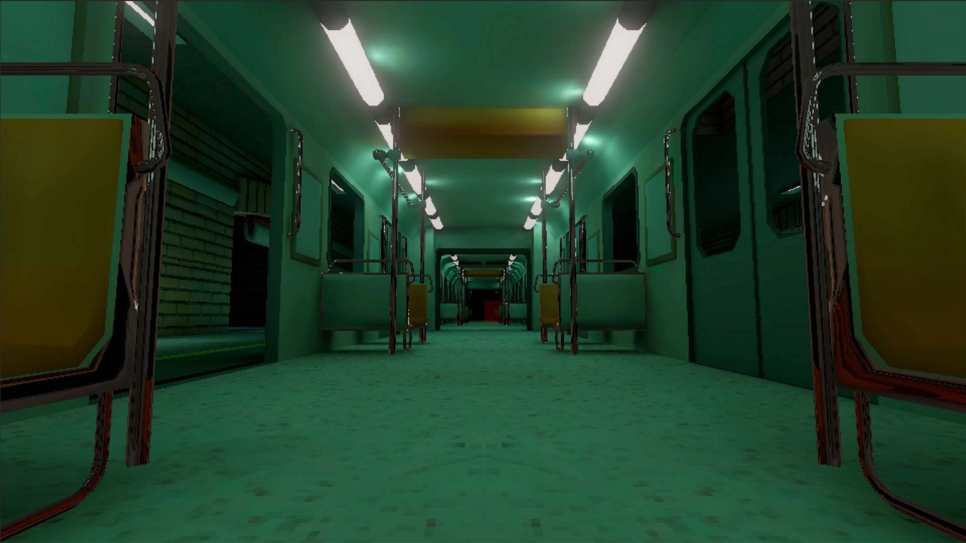 Dimly lit subway car interior with empty seats, evoking eerie and unsettling atmosphere in a horror game