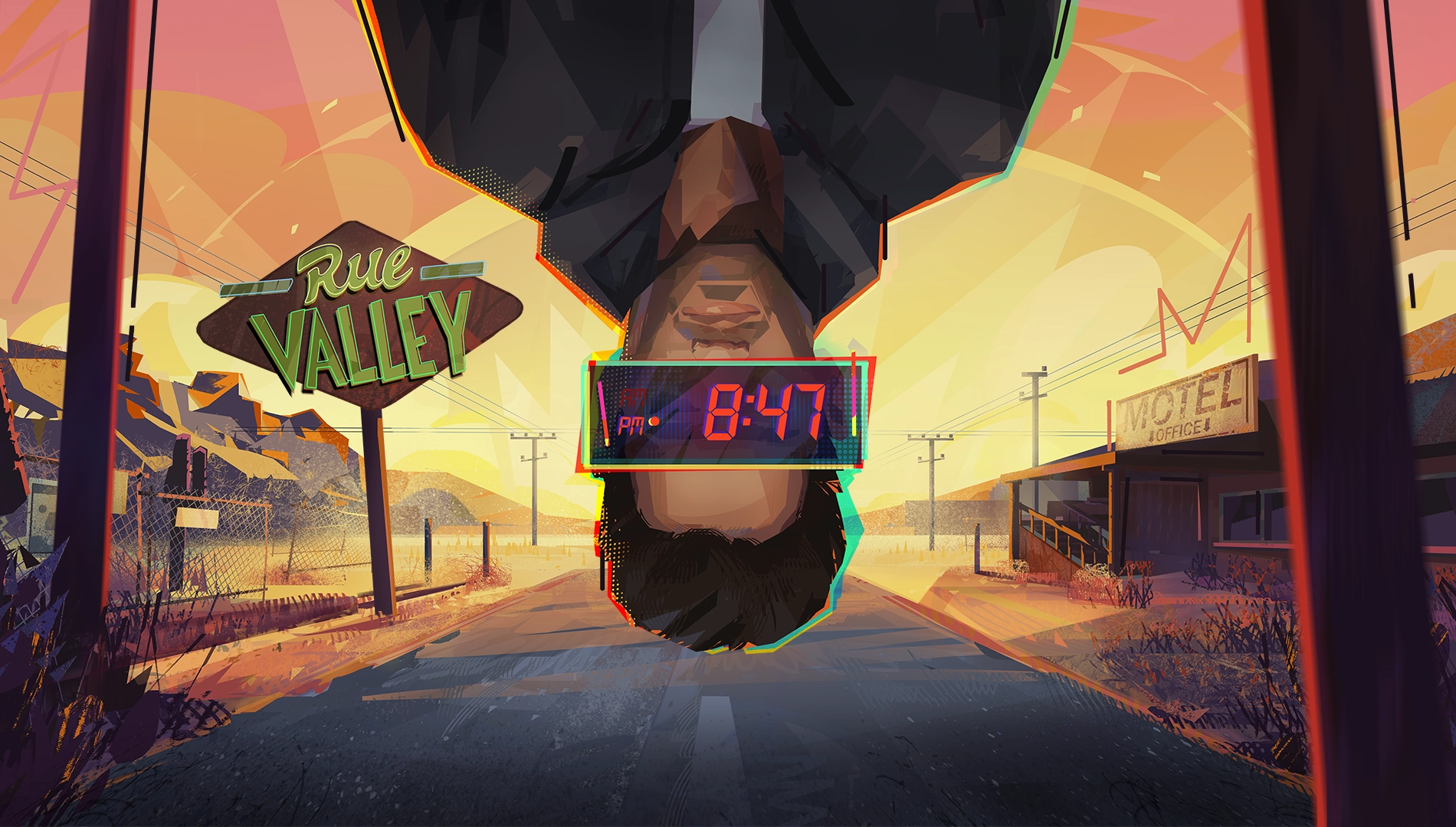 Stylized illustration of Rue Valley at sunset, featuring a character with a digital clock displaying 8:47.