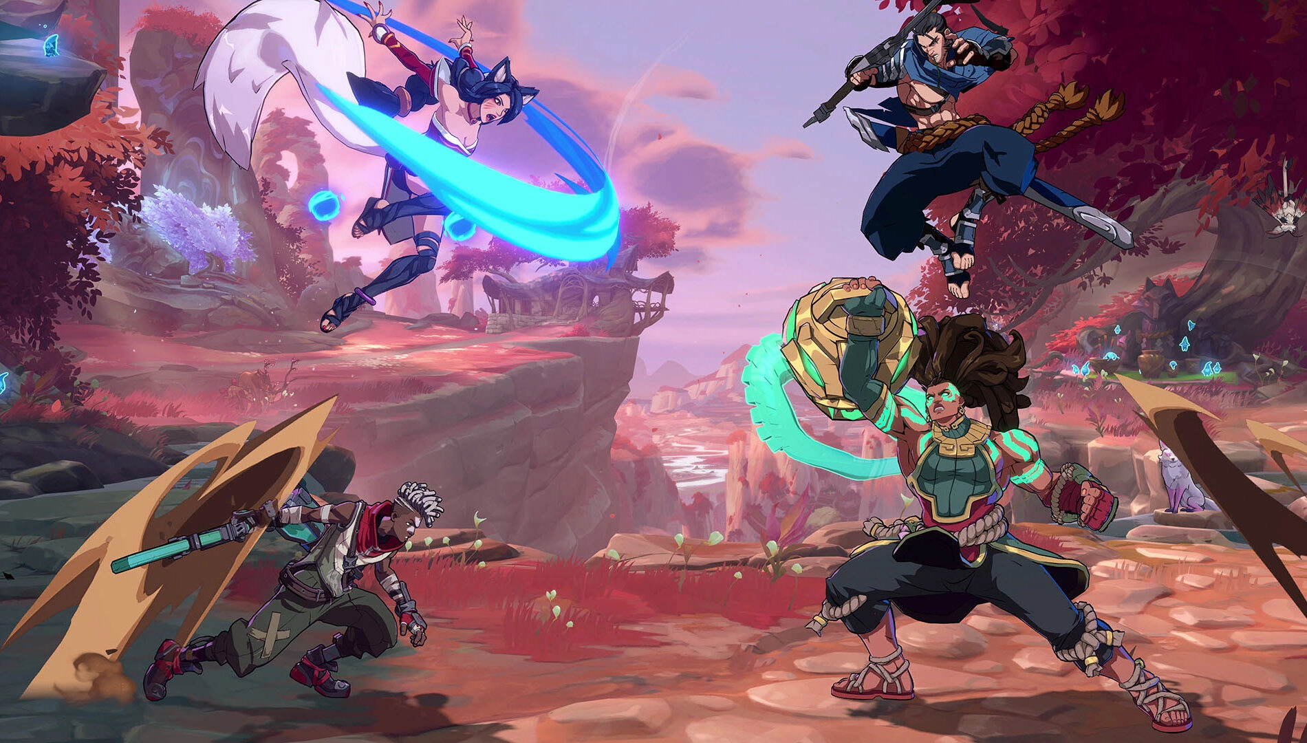 Four champions engage in a dynamic 2v2 battle in a vibrant, colorful fantasy landscape