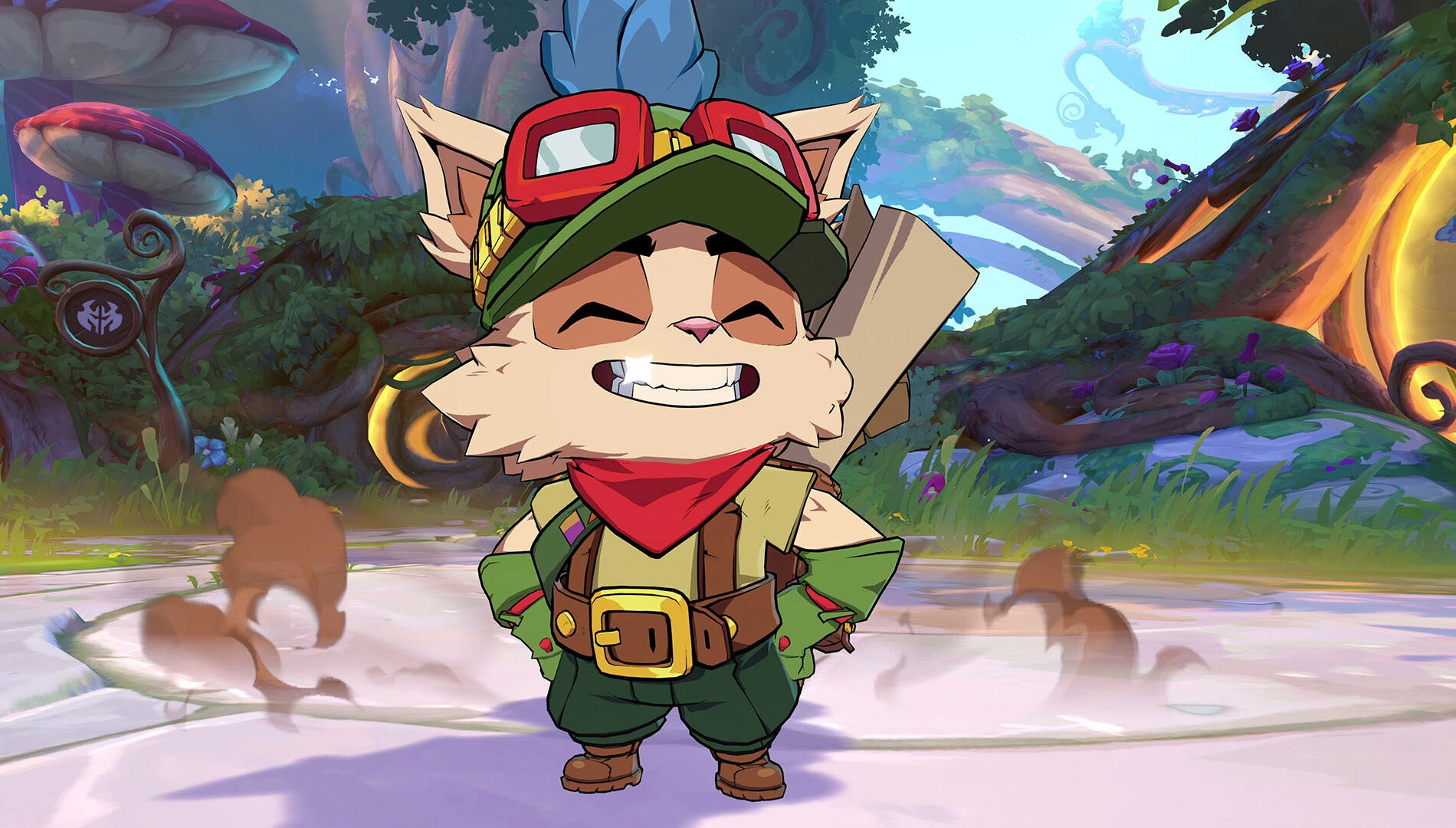 A cartoonish character with goggles and a red bandana stands smiling in a vibrant, fantasy landscape