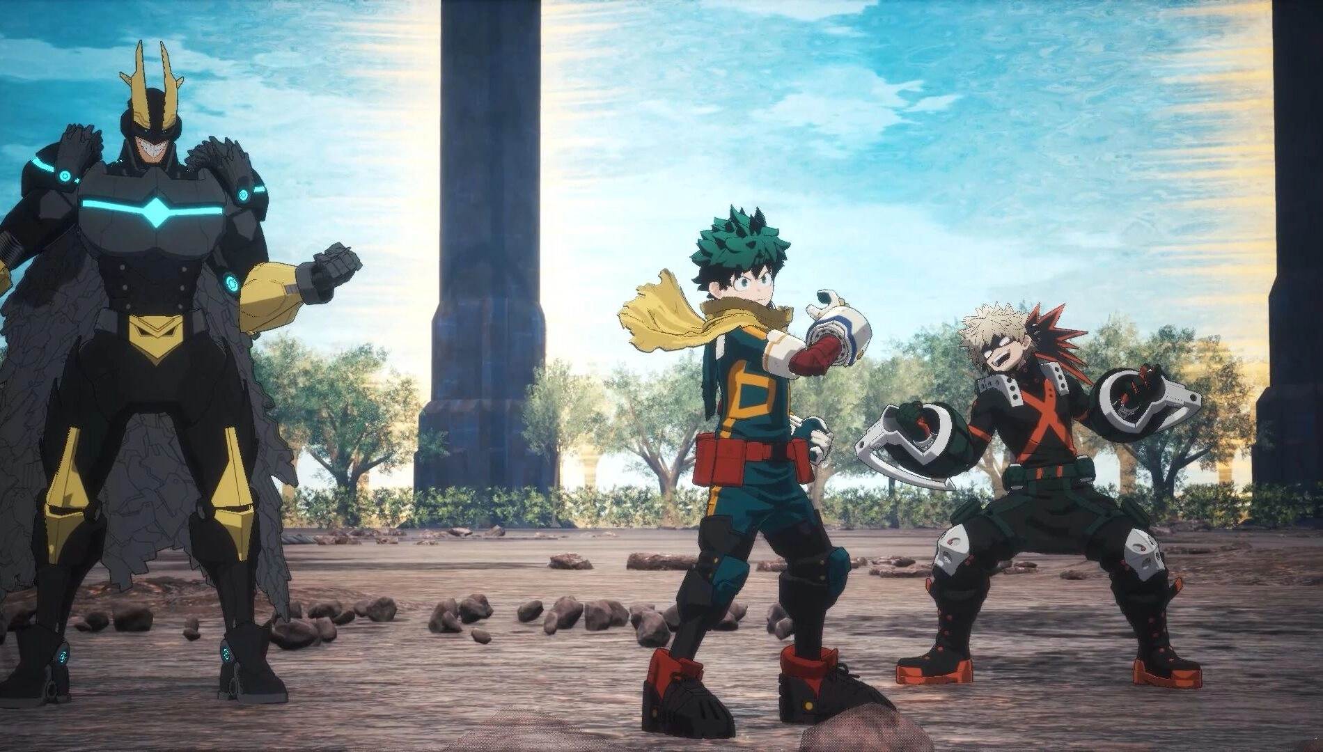 Three characters from My Hero Academia face off in a dynamic 3v3 Quirk battle scene