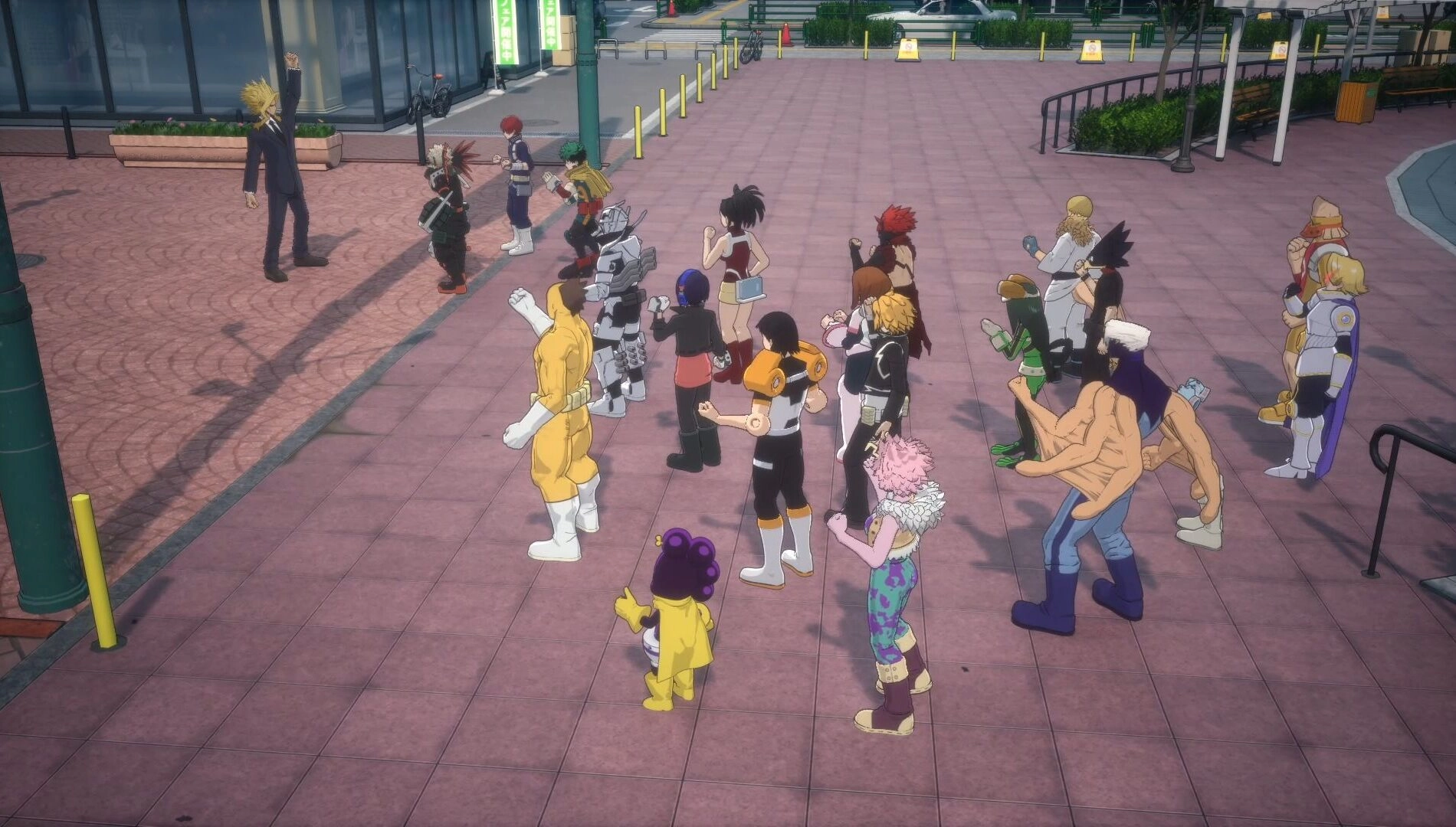 Characters from My Hero Academia gather in a virtual town square, ready for 3v3 Quirk battles