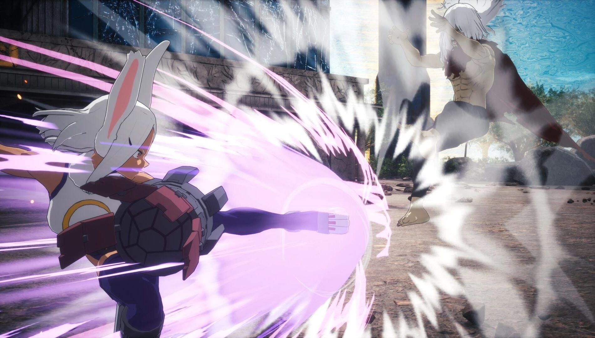 Hero character unleashes a powerful energy attack against an opponent in a dynamic 3v3 Quirk battle scene