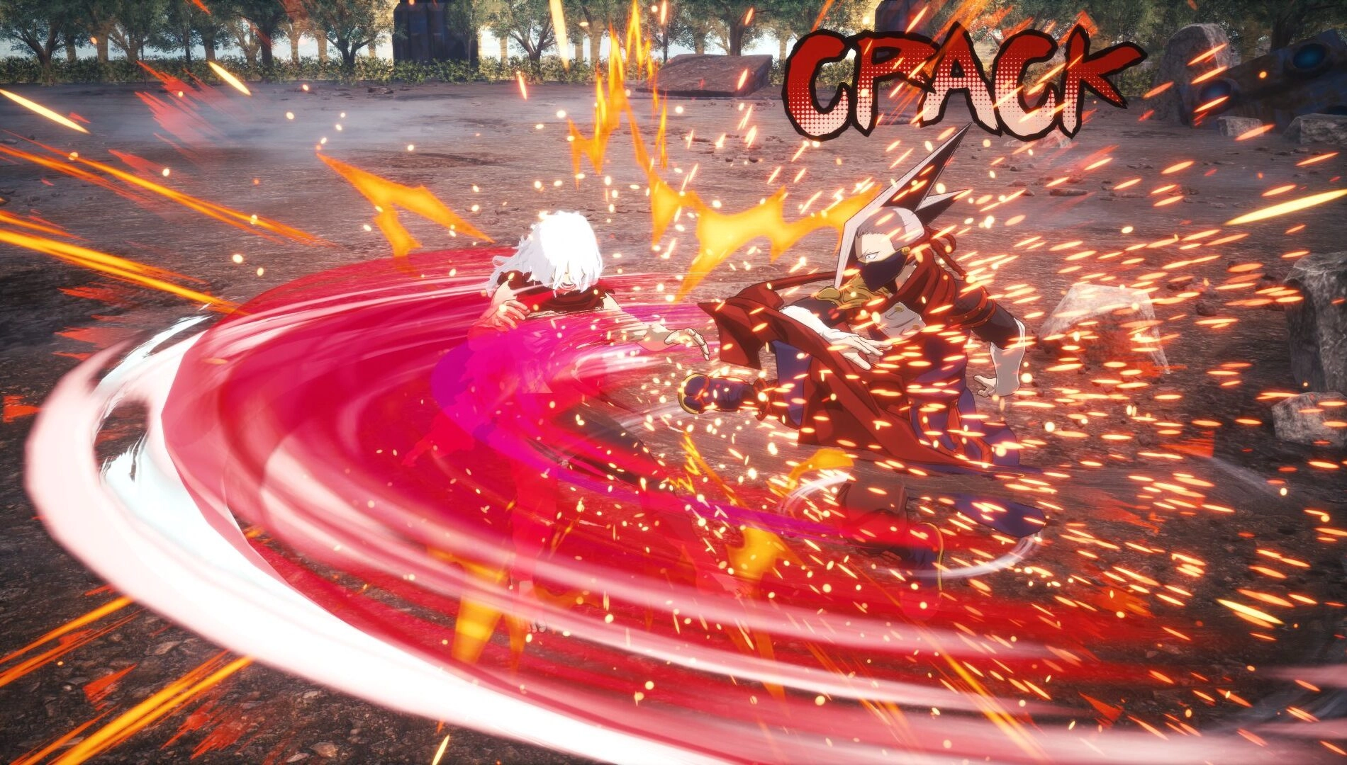 Two characters engage in a dynamic 3v3 Quirk battle, showcasing vibrant energy effects and action