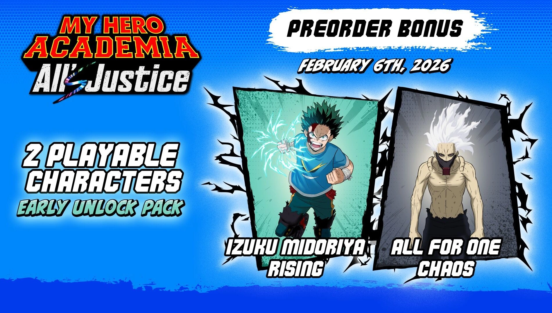 Promotional image for My Hero Academia: All’s Justice featuring two characters and preorder bonus details