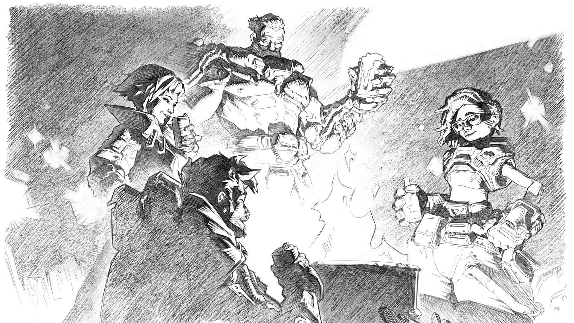 Four Vault Hunters gather around a campfire, holding drinks, in a sketch style from Borderlands 4