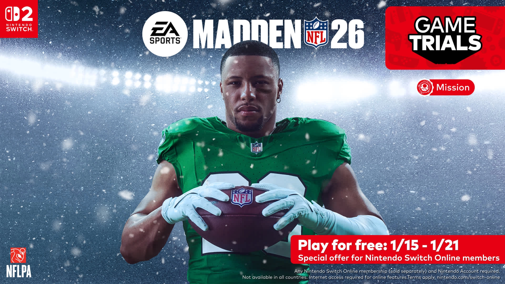 Football player in green jersey holding a ball, promoting EA SPORTS Madden NFL 26 Game Trial on Nintendo Switch