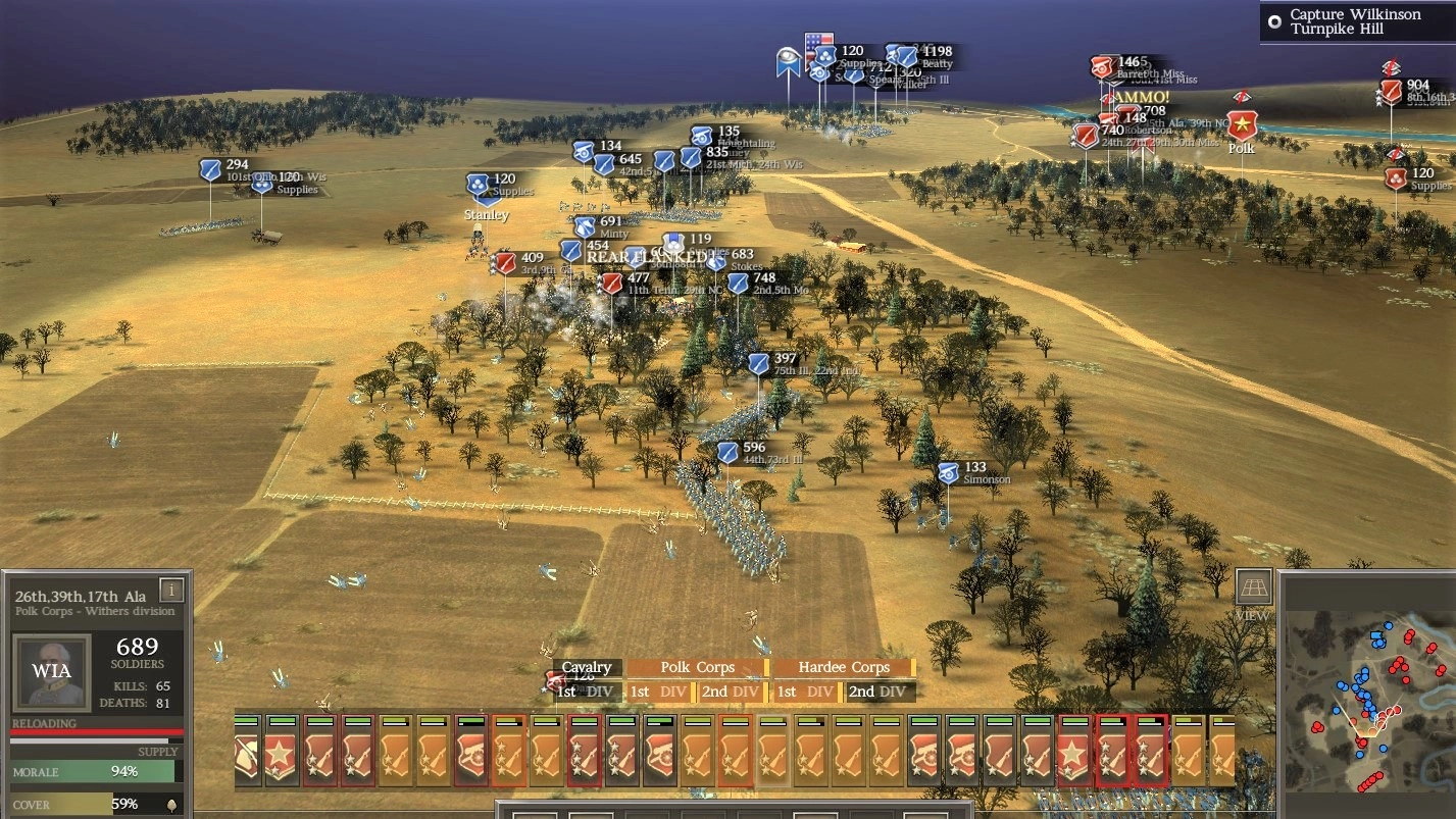 Tactical map view of Ultimate General: Civil War gameplay on Xbox, showcasing troop movements and battle strategy