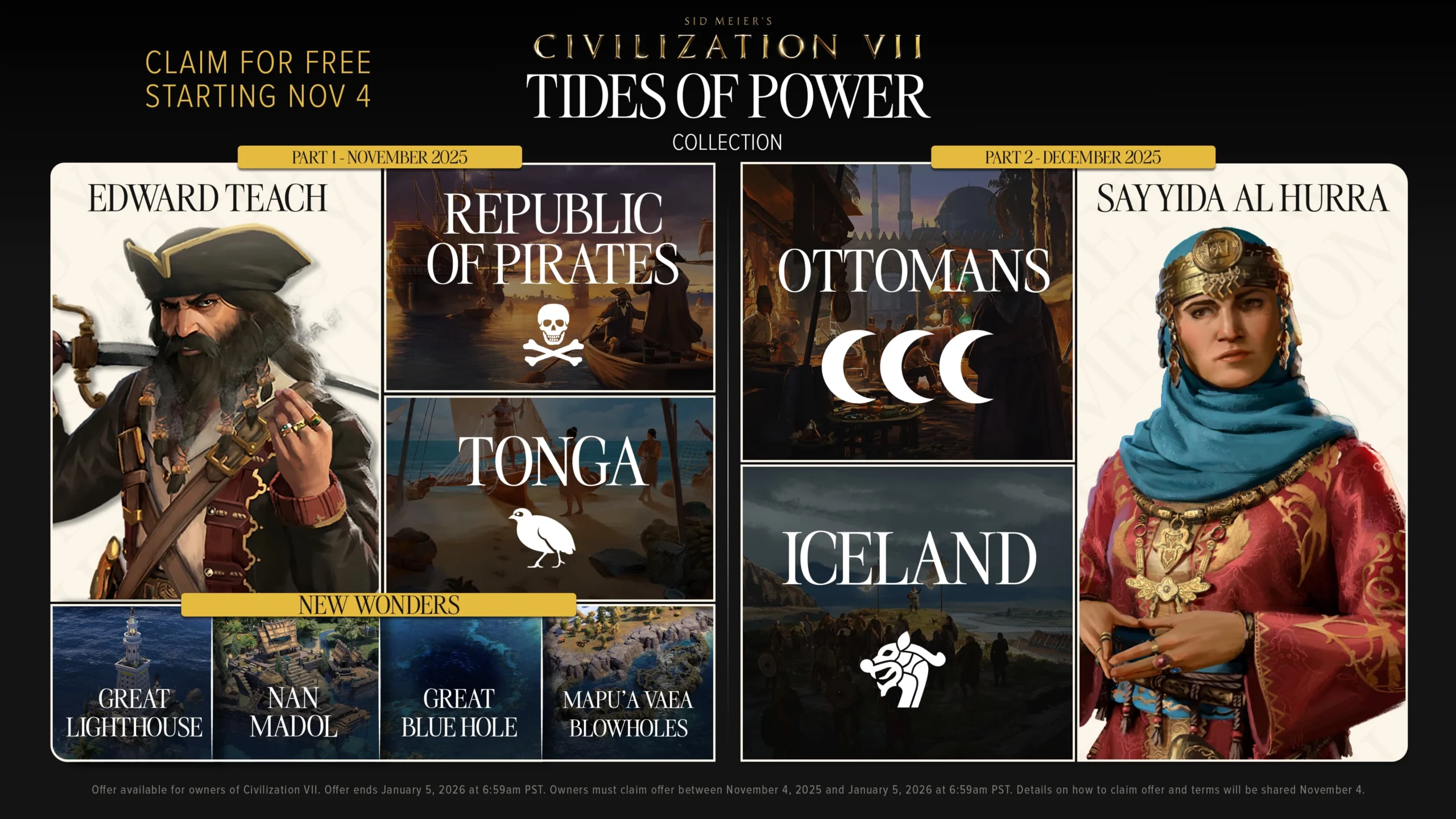 Civilization VII Tides of Power update featuring new leaders, wonders, and civilizations like Tonga and Iceland