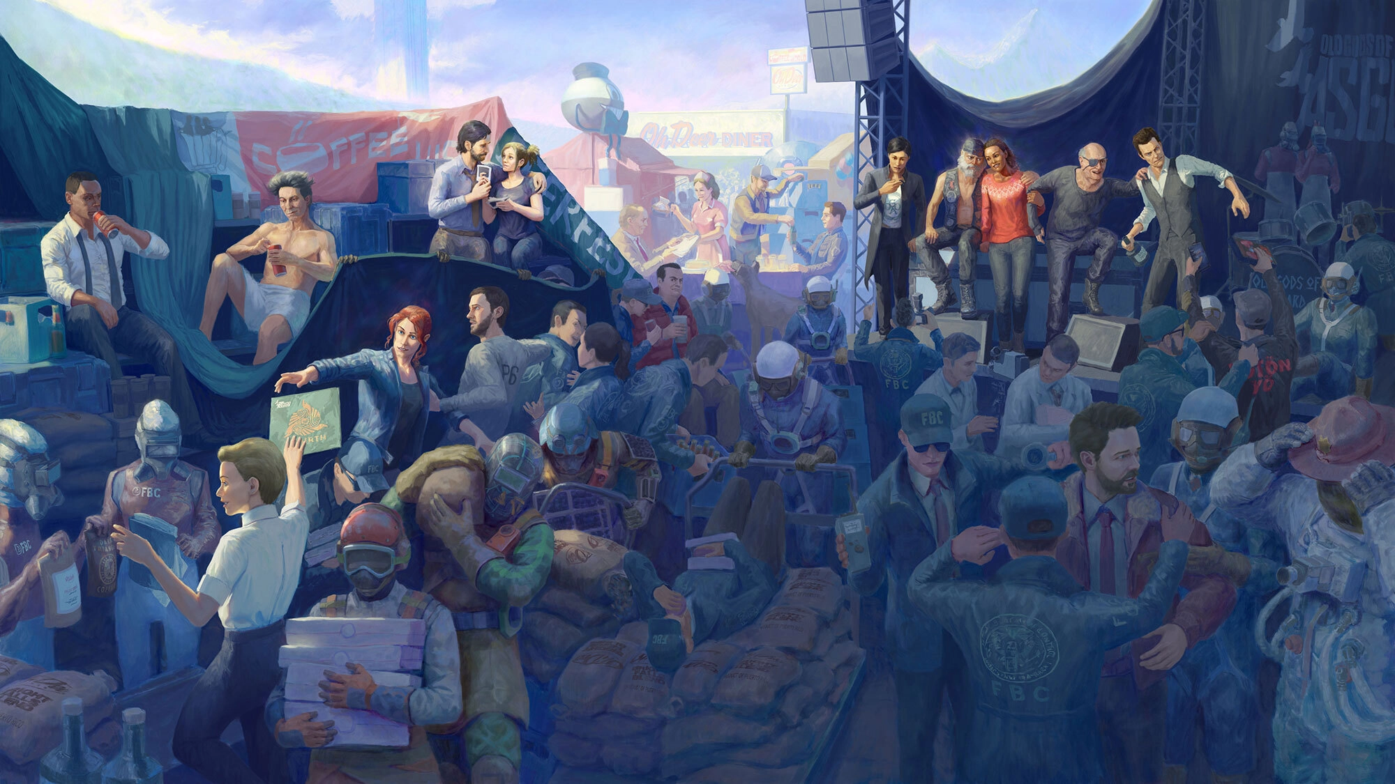 Characters from Remedy's games gather after a concert, celebrating with fans and sharing excitement