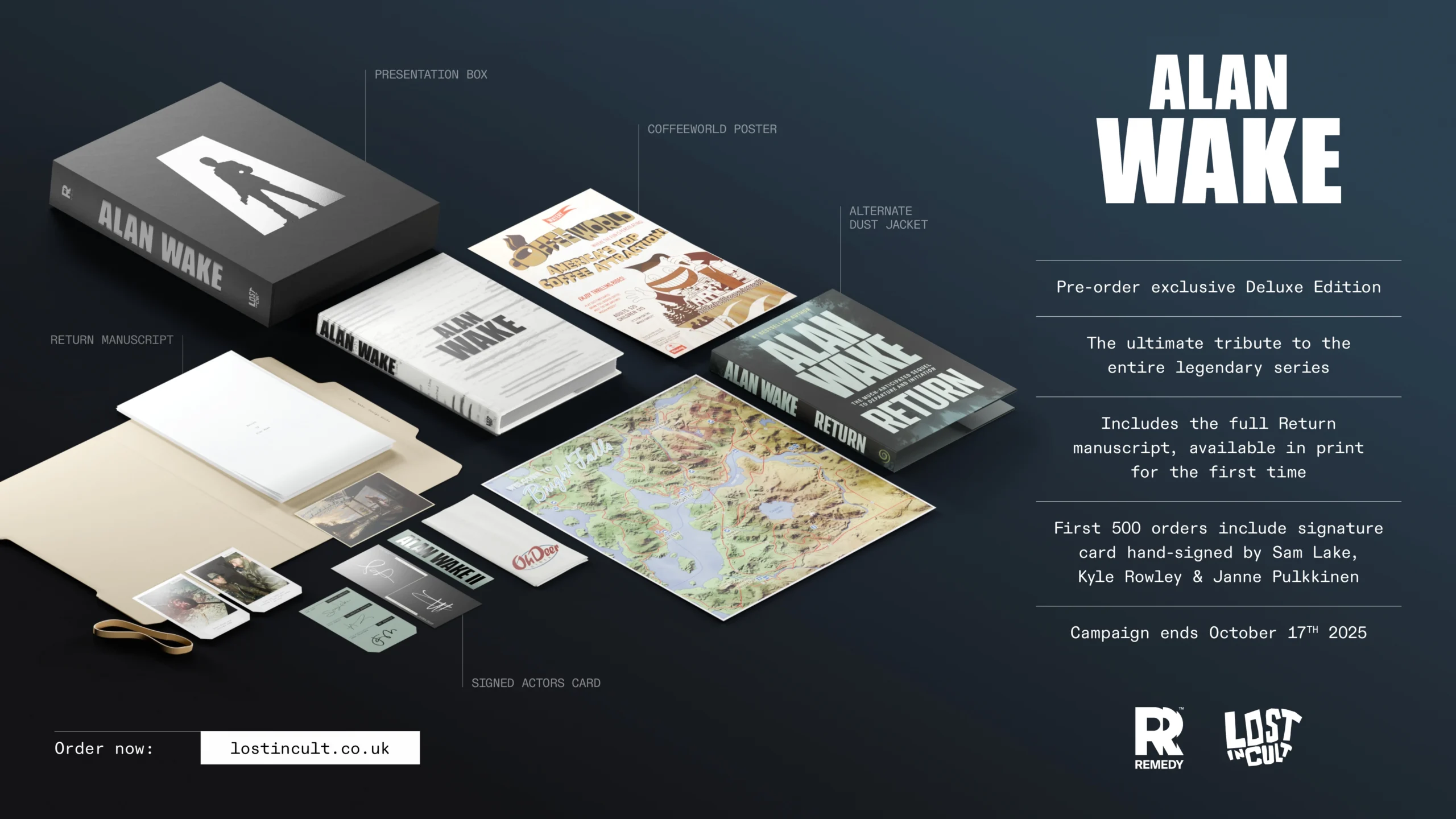 Alan Wake Deluxe Edition contents, including manuscript, postcards, map, and signed actor card on display