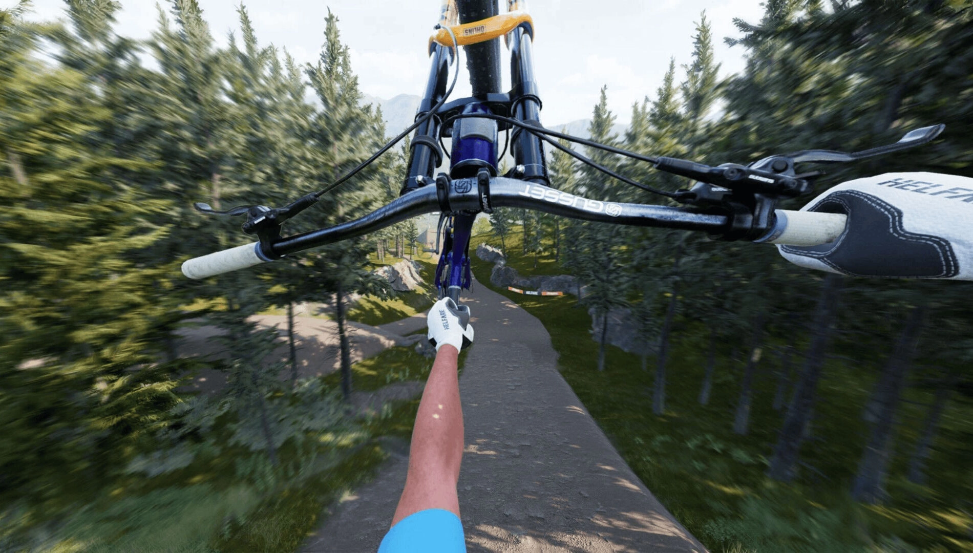 First-person view of a mountain biker navigating a forest trail, showcasing realistic game graphics