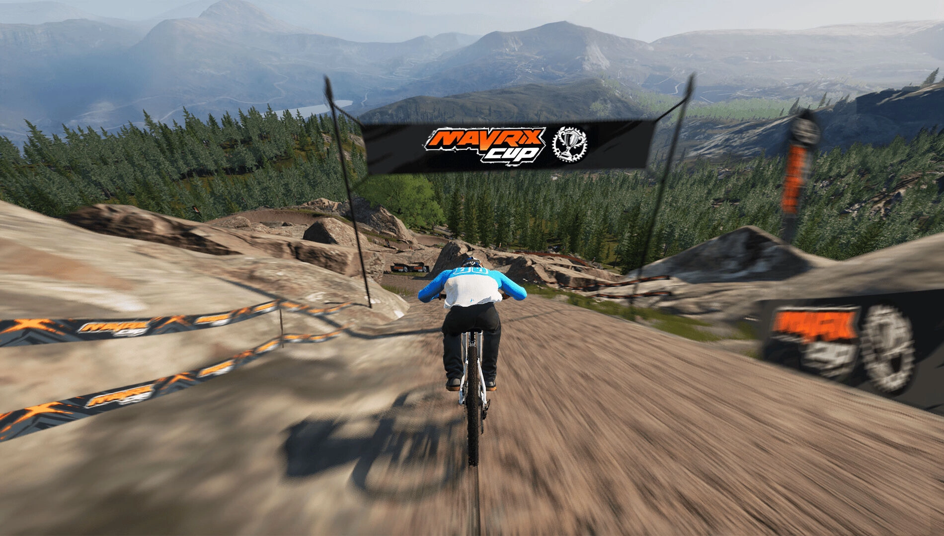 Mountain biker descends a rugged trail in Mavrix game, showcasing realistic open-world MTB experience