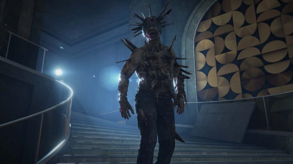 A menacing zombie with spikes emerges from shadows in a dimly lit, eerie environment with stairs