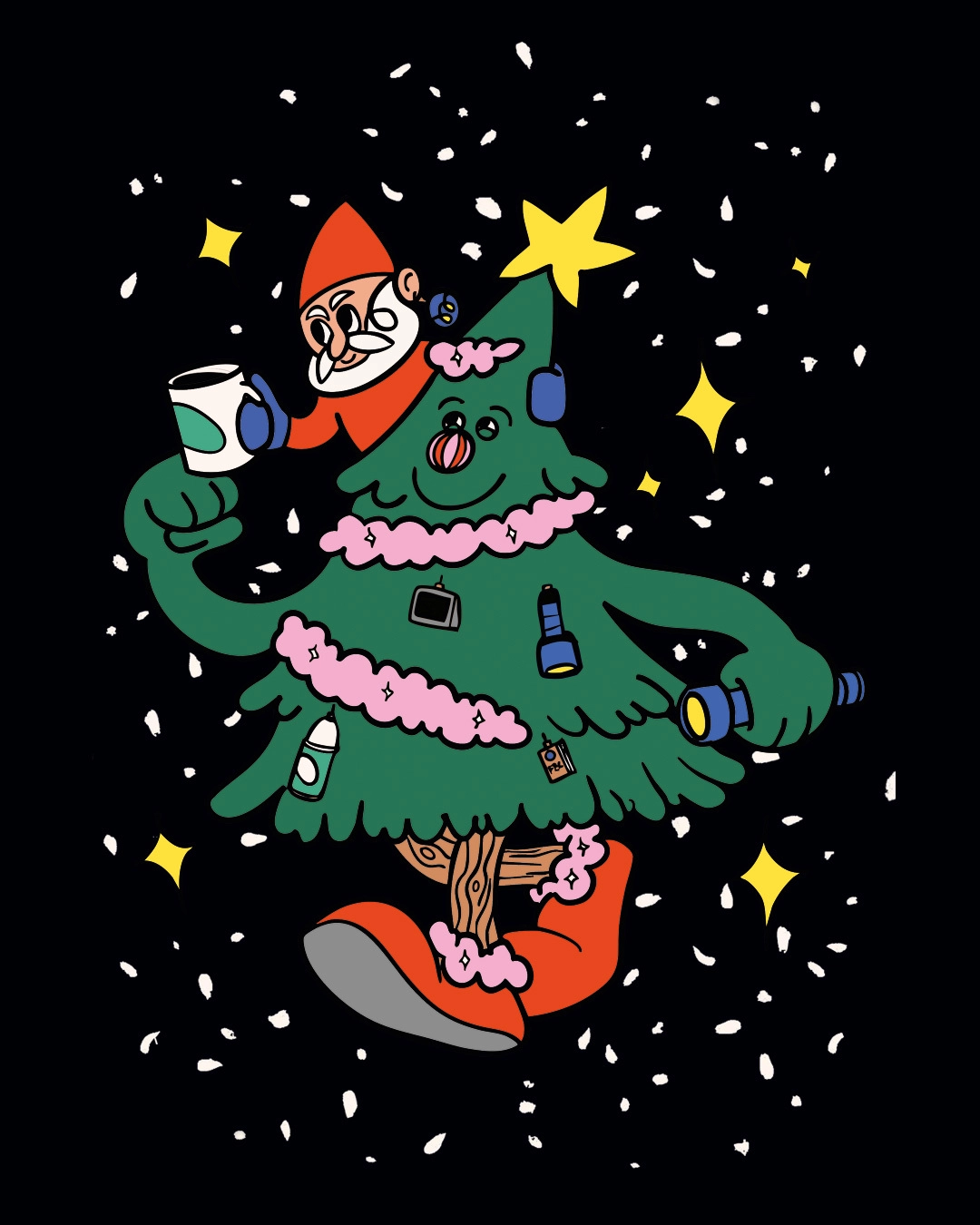 A festive cartoon tree with a Santa face, holding a mug and flashlight, surrounded by stars and snowflakes