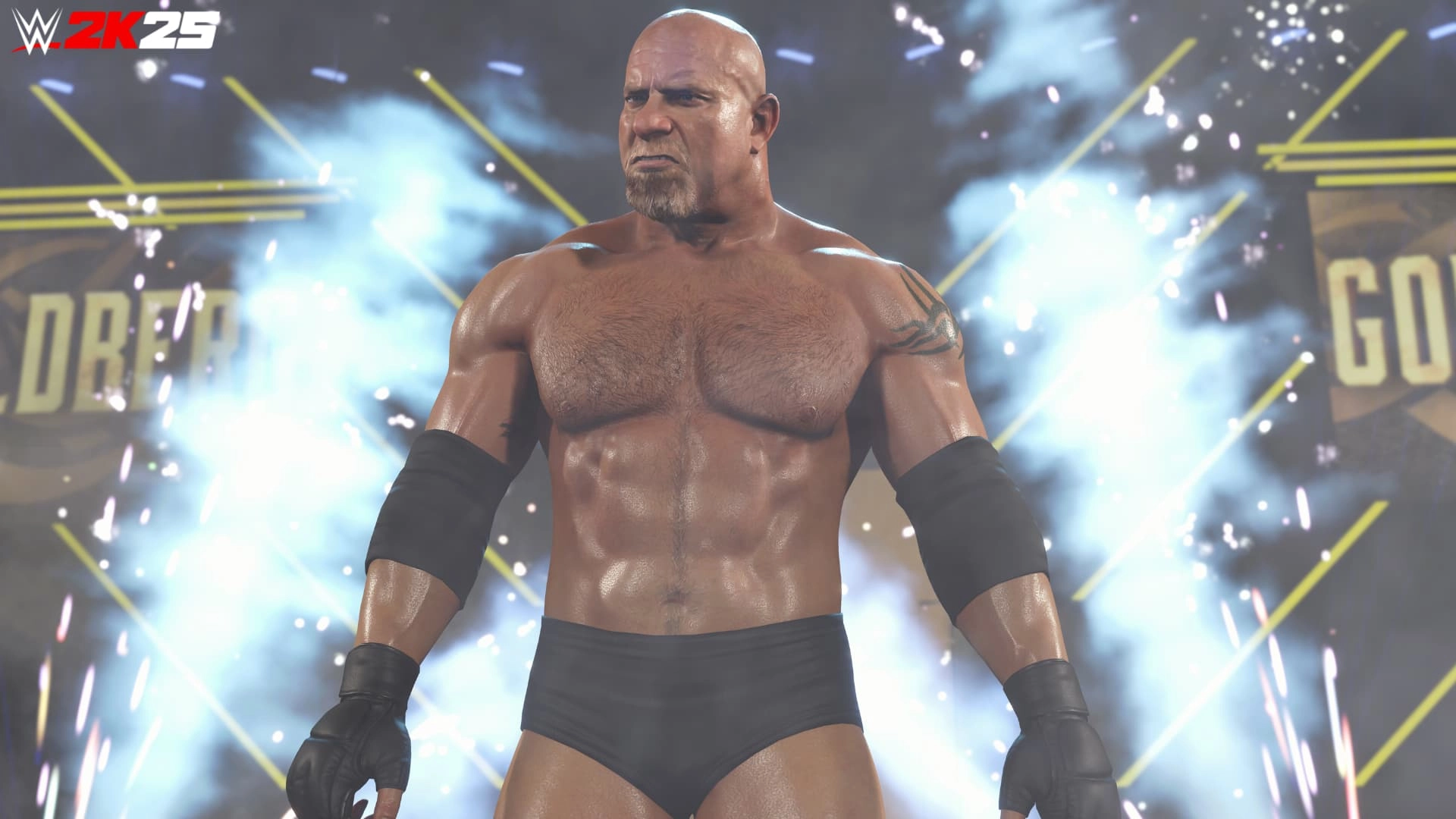 A muscular wrestler stands confidently in the ring, surrounded by smoke and lights, ready for action