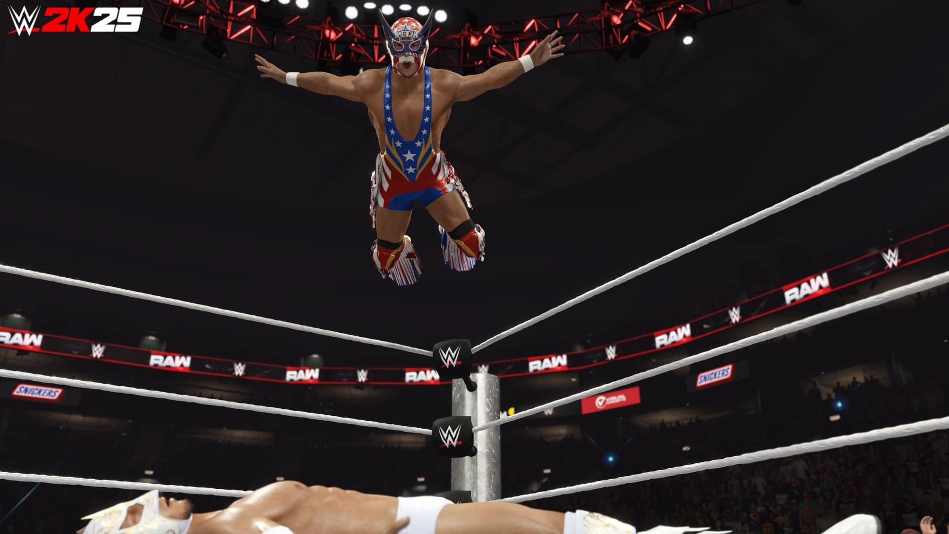 Wrestler in patriotic attire performs a high-flying move off the top rope in a WWE 2K25 match