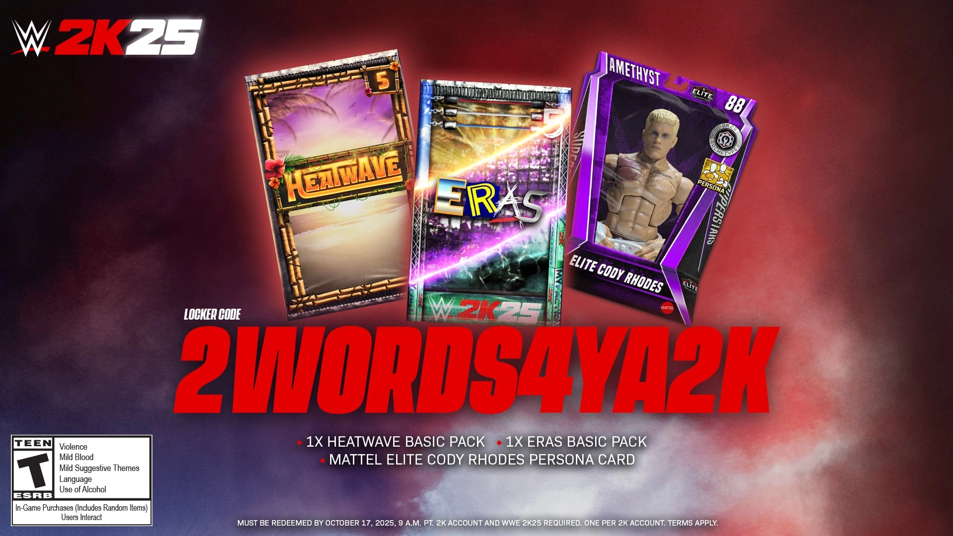 WWE 2K25 locker code promotion featuring Heatwave and Eras packs, plus Elite Cody Rhodes card
